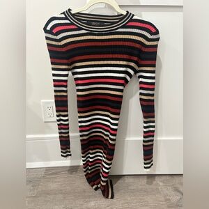 Long sleeve, multicolored, striped fitted dress.